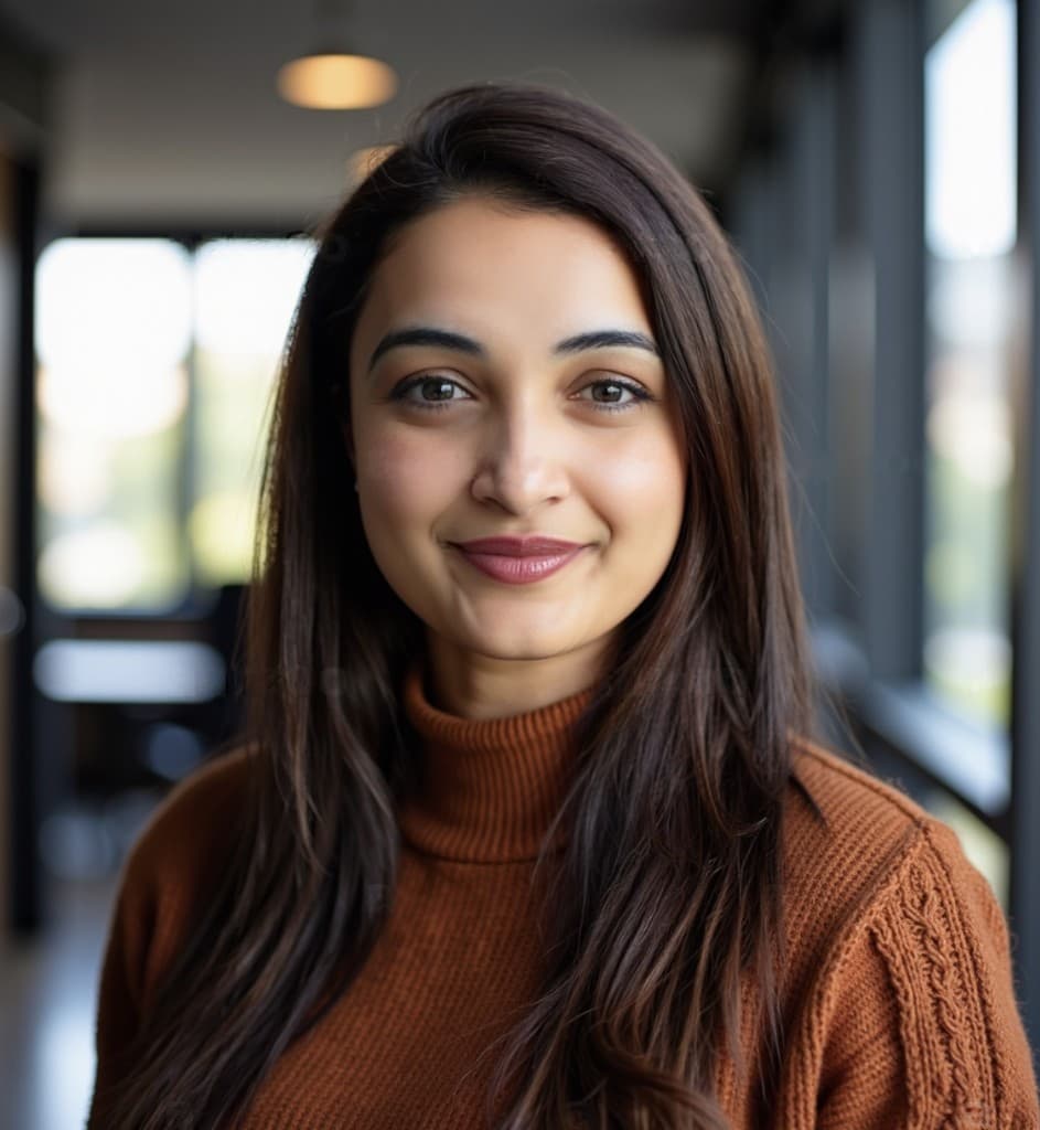 Shweta Sharma, head and shoulders, wearing a rust turtleneck, smiling