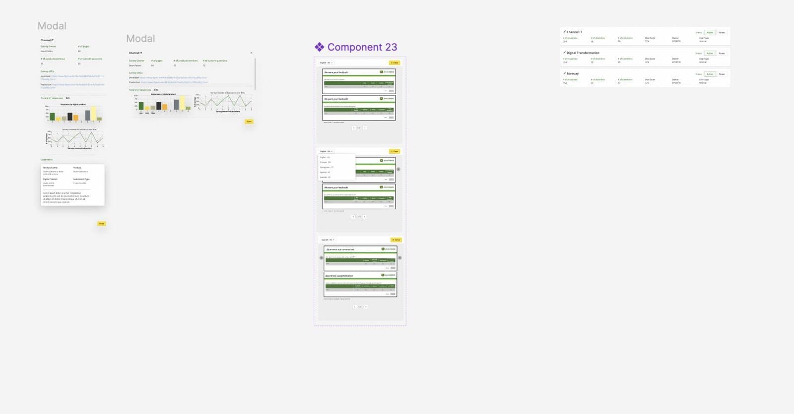 Survey preview in English and Spanish with the language menu open.