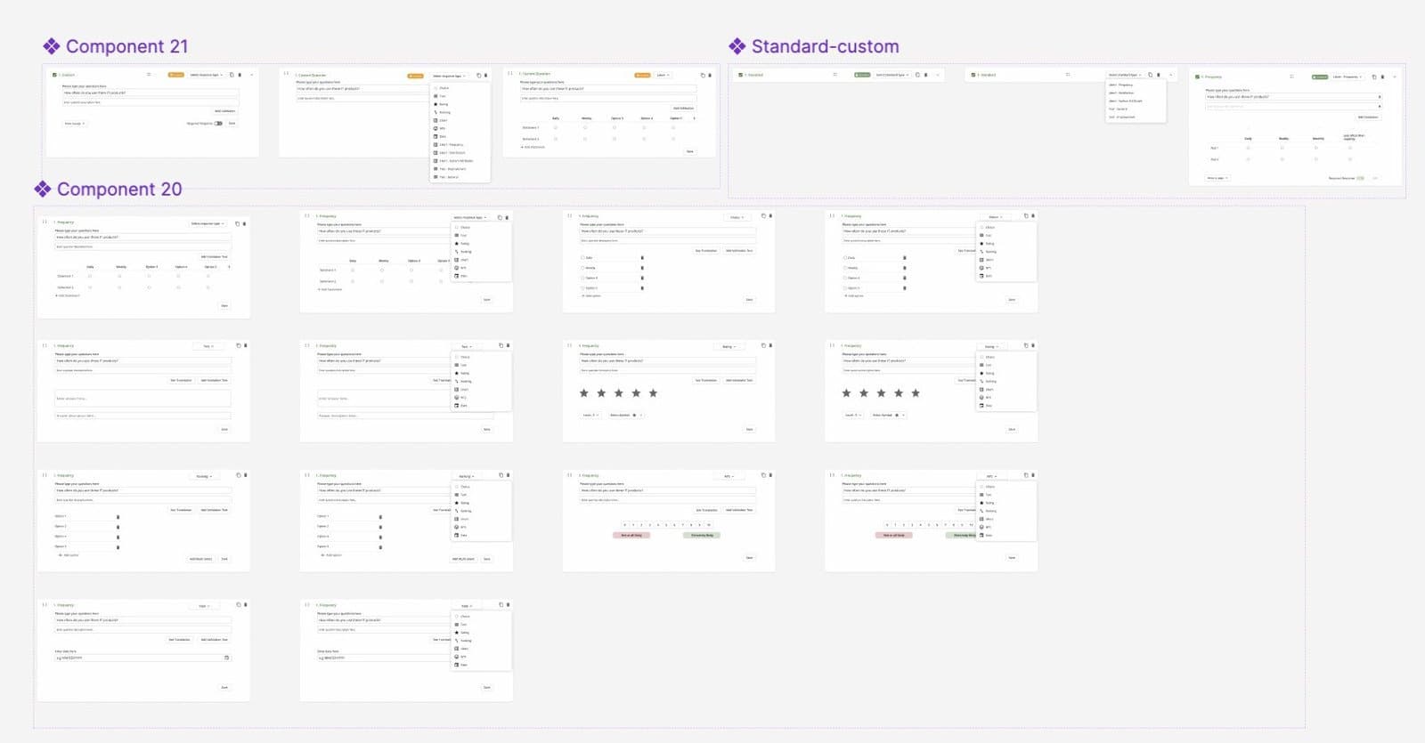 Question card in every answer type: choice, text, rating, ranking, Likert, NPS and date.
