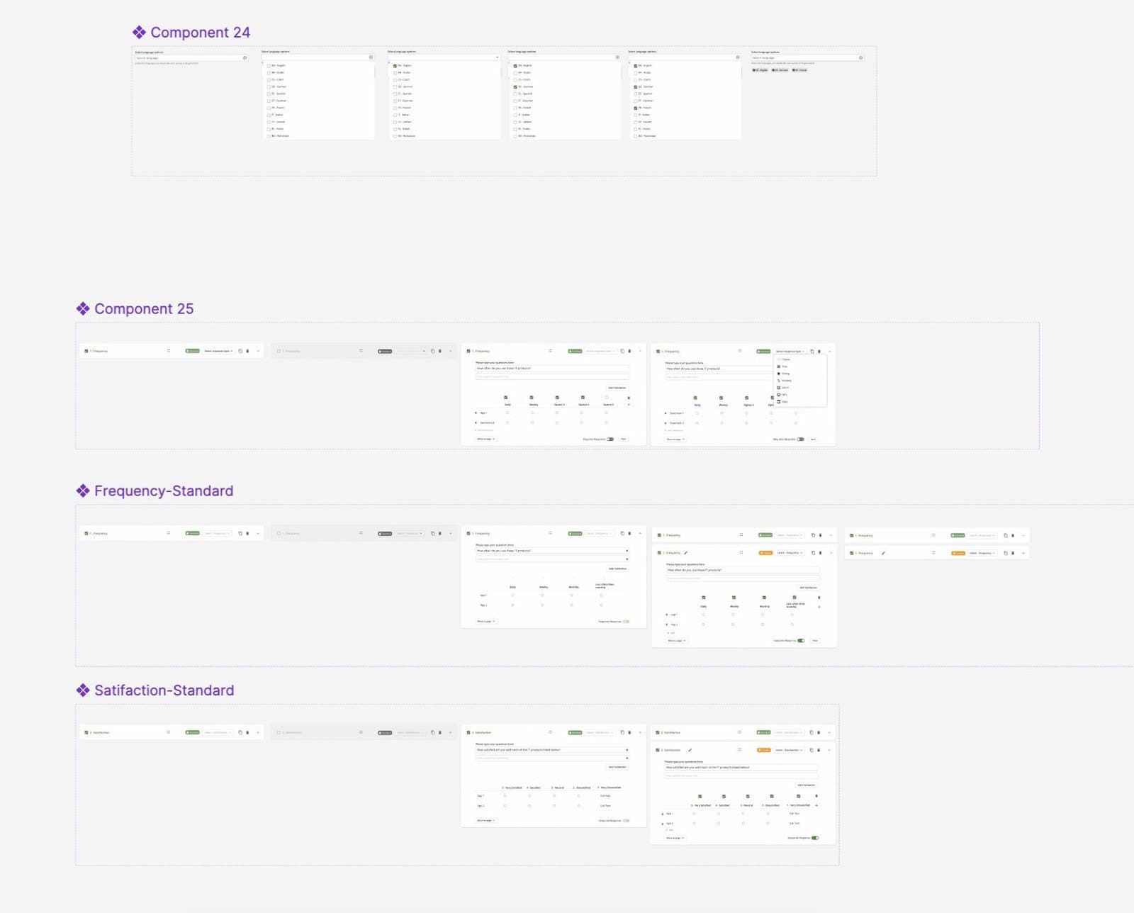 Component states: collapsed, disabled, expanded, plus the language picker and locked standard questions.