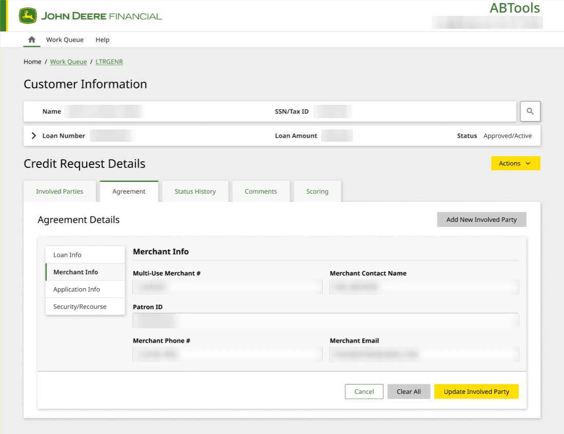 Current ABTools web app on the Agreement tab: customer summary at the top, five tabs, and merchant details grouped under a side menu of four sections. Customer details are blurred.
