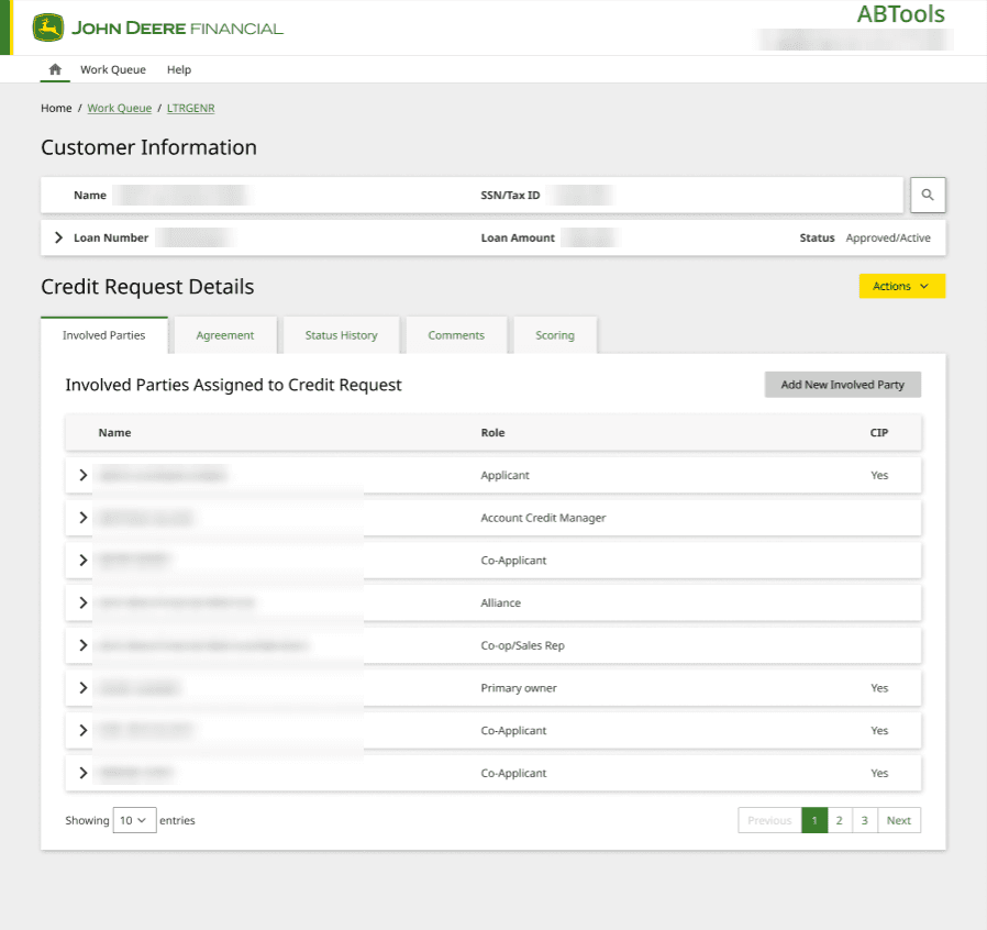 Current ABTools web app on the Involved Parties tab: customer summary at the top and a clear table of parties with name, role and CIP status, with paging. Names and IDs are blurred.
