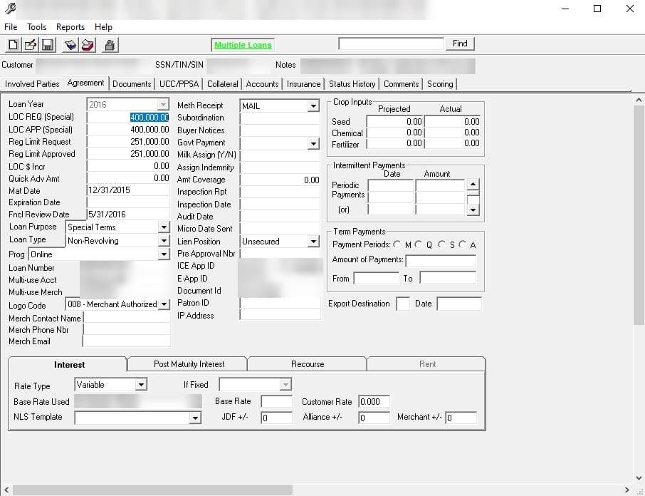 Previous ABTools desktop app on the Agreement tab: ten tabs across the top and dozens of loan fields packed into three columns. Customer details are blurred.