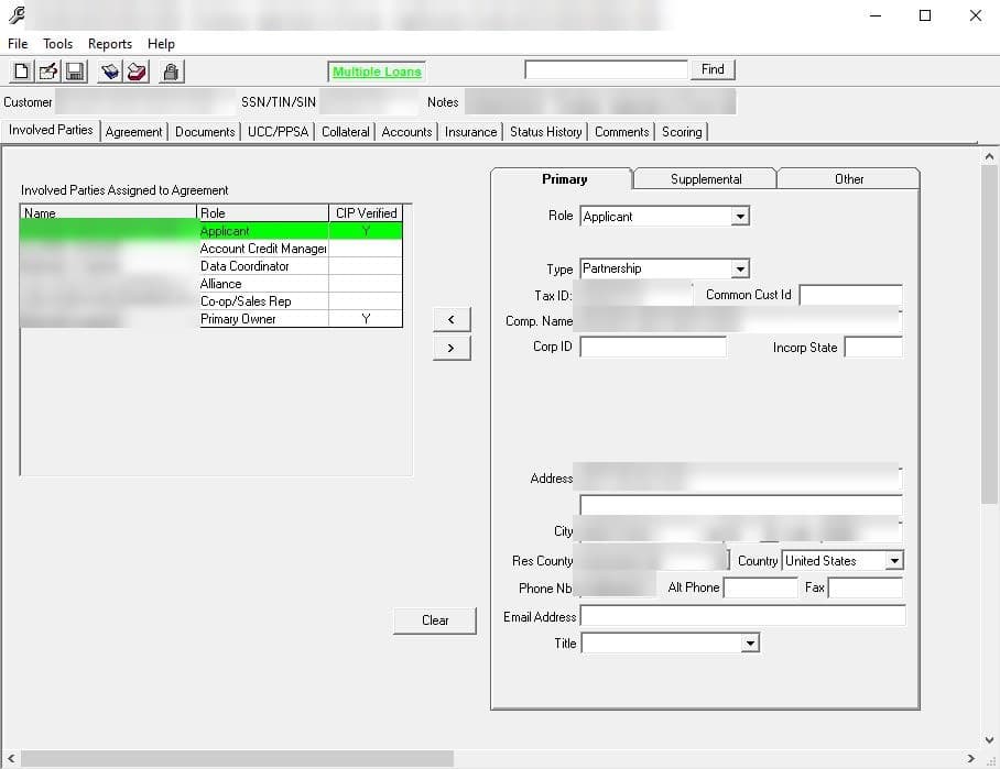 Previous ABTools desktop app on the Involved Parties tab: a small parties table on the left and a long form of party details on the right. Names, tax ID, address and phone are blurred.